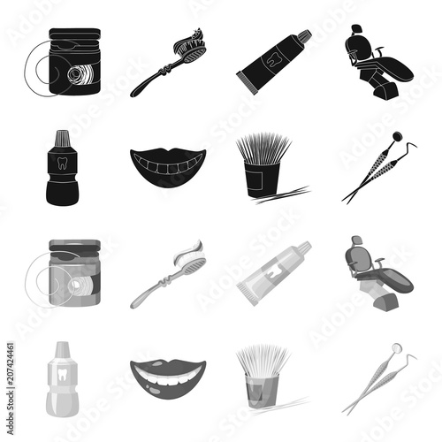 Dental sterile liquid in the jar, lips, teeth, toothpicks in the jar, medical instruments for the dentist. Dental care set collection icons in black,monochrome style vector symbol stock illustration