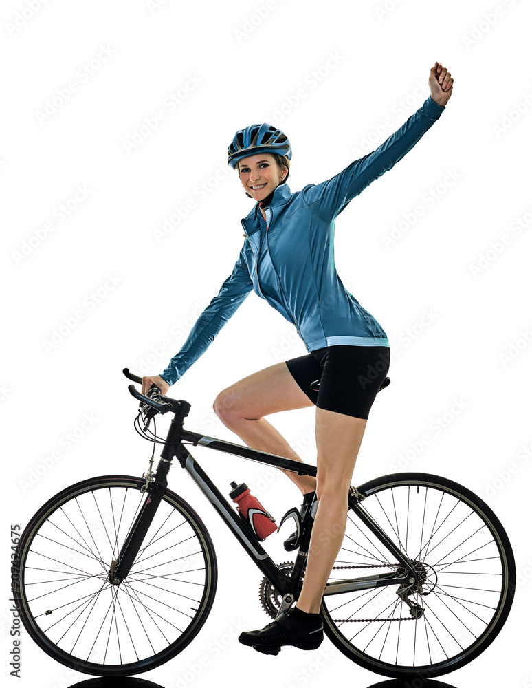 Naklejka premium one caucasian cyclist woman cycling riding bicycle celebrating happy isolated on white background