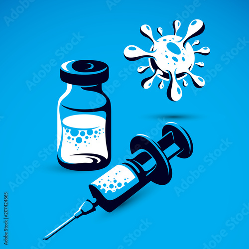 Photo Vector graphic illustration of bottle with medicine and disposable syringe for injections to kill a virus