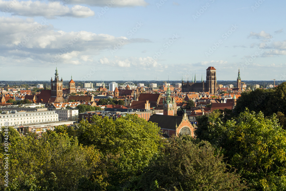 View of the city of Gdansk from a high point on a sunny day. Poland