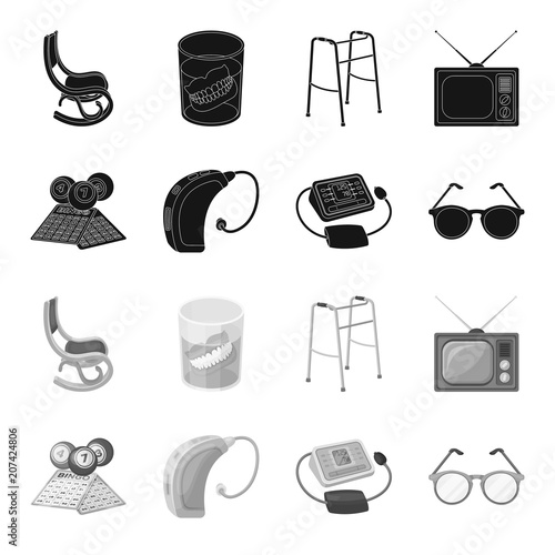 Lottery, hearing aid, tonometer, glasses.Old age set collection icons in black,monochrome style vector symbol stock illustration web.