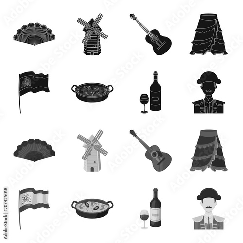 Flag with the coat of arms of Spain, a national dish with rice and tomatoes, a bottle of wine with a glass, a bullfighter, a matador. Spain country set collection icons in black,monochrome style