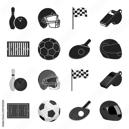 Field, stadium with markings for playing football, football ball, racket with a ball for ping-pong, protective helmet for the game,glove for baseball or rugby. Sport set collection icons in black photo