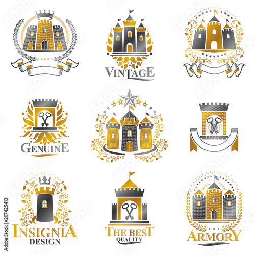 Ancient Castles emblems set. Heraldic Coat of Arms decorative logos isolated vector illustrations collection.