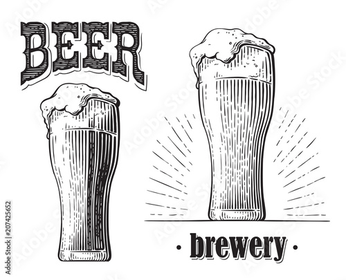 beer glass filled with beer. Vintage vector engraving sketch illustration for web, poster, invitation to party. Hand drawn design element isolated on white background.