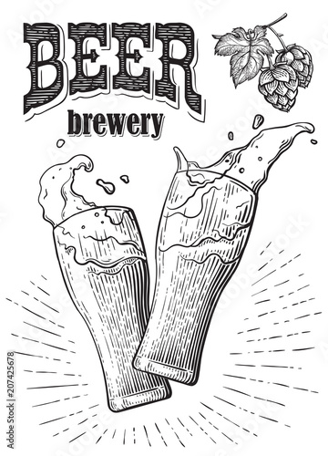 Two glasses of beer toasting creating splash. Vintage vector engraving illustration for web, poster, invitation to party. Hand drawn design element isolated on white background.