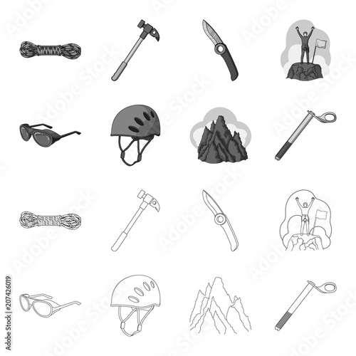 Helmet, goggles, wedge safety, peaks in the clouds.Mountaineering set collection icons in outline,monochrome style vector symbol stock illustration web.