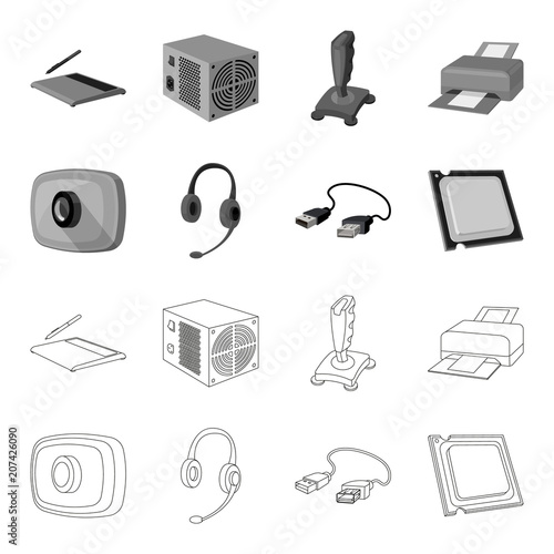 Webcam, headphones, USB cable, processor. Personal computer set collection icons in outline,monochrome style vector symbol stock illustration web.