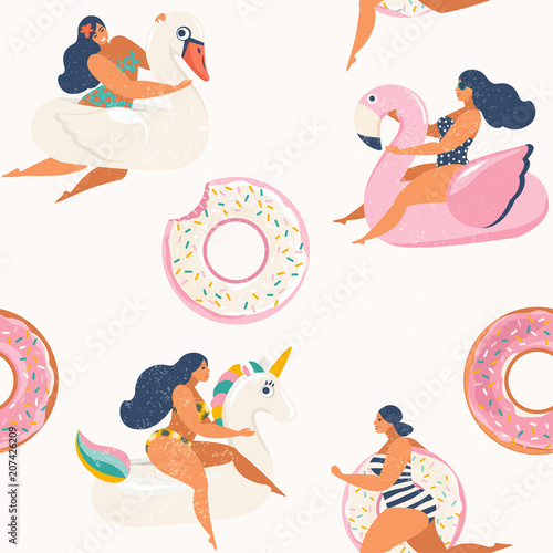 Flamingo, unicorn, swan and sweet donut inflatable swimming pool floats Vector seamless pattern.