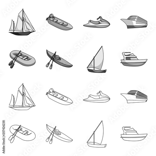 A rubber fishing boat, a kayak with oars, a fishing schooner, a motor yacht.Ships and water transport set collection icons in outline,monochrome style vector symbol stock illustration web.