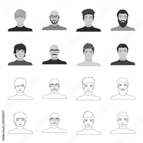 The appearance of the young guy, the face of a bald man with a mustache in his glasses. Face and appearance set collection icons in outline,monochrome style vector symbol stock illustration web.