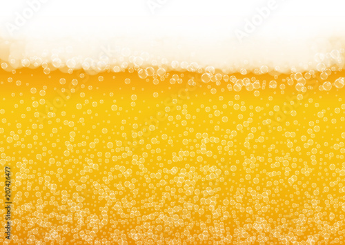 Beer foam background with realistic bubbles.  Cool liquid drink for pub and bar menu design, banners and flyers.  Yellow horizontal beer foam background. Cold pint of golden lager or ale.