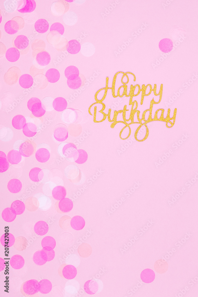Creative pastel fantasy holiday card with cupcake and happy birthday lettering. Baby shower, birthday, celebration concept.