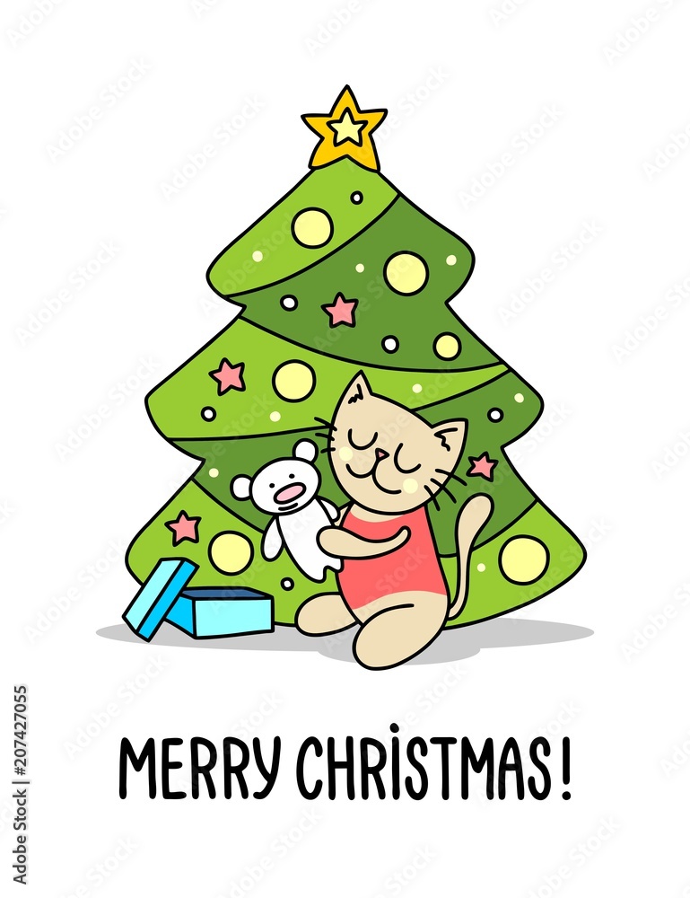 Baby kitty beside christmas tree with xmas gift. Merry Christmas and Happy New Year flat vector illustration poster Baby kitty beside christmas tree with xmas gift. Merry Christmas and Happy New Year flat vector illustration poster