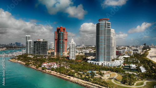 Miami Beach and city skyline from South Pointe, aerial view