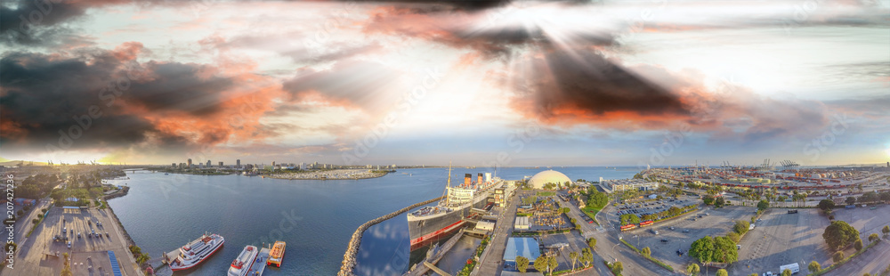 Amazing panoramic aerial view of Queen Mary, docked in Long Beach, California