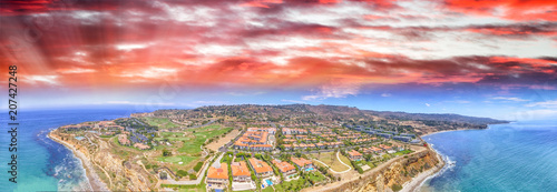 Aerial panoramic view of Rancho Palos Verdes coastline, California