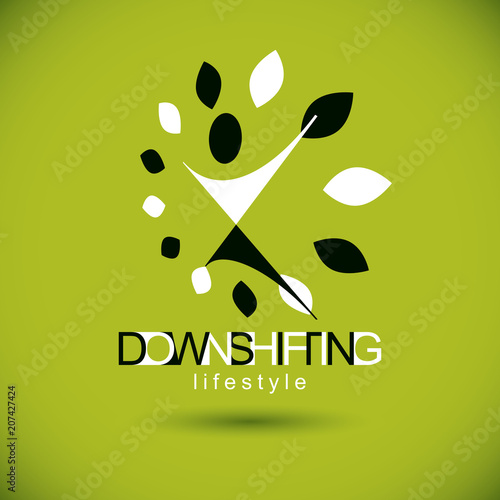 Vector illustration of excited abstract person with raised hands up. Downshifting concept logo. Wellness and harmony symbol. Wanderlust and countryside vacation icon.