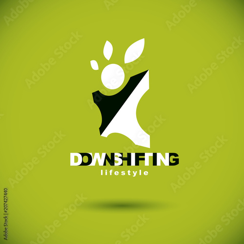 Vector illustration of joyful abstract individual with raised hands up. Downshifting concept logo. Vegetarian theme icon. Green tourism symbol.