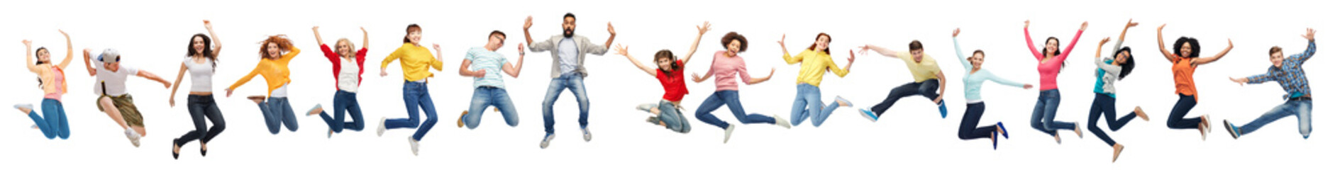 happiness, freedom, motion and diversity concept - happy people jumping in air over white background