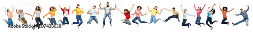happiness, freedom, motion and diversity concept - happy people jumping in air over white background