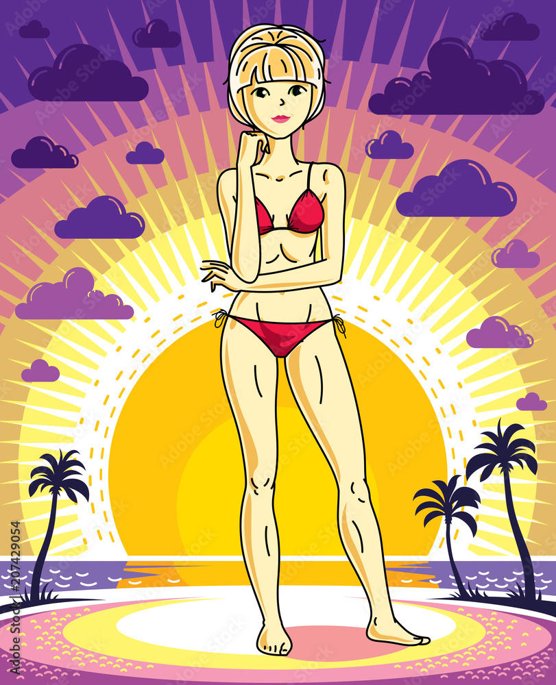 Attractive young blonde woman standing on sunset landscape with palms and wearing red bathing suit. Vector human illustration.