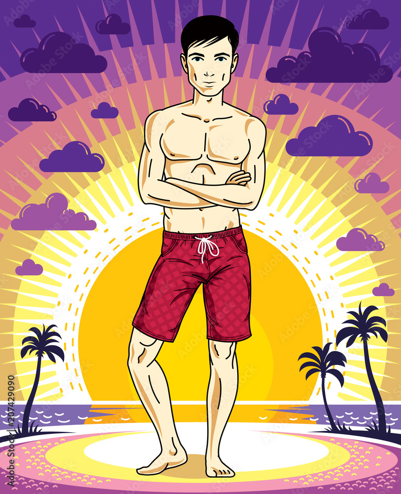 Handsome brunet young man is standing in shorts on sunset view of tropical beach. Vector athletic male illustration. Summer vacation lifestyle theme cartoon.