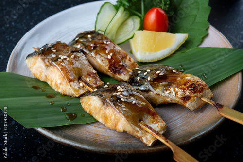 Skewer grilled saba fish with teriyaki sauce.
