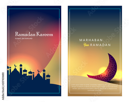 Marhaban ya Ramadan vertical banner with silhouette mosque and crescent moon.