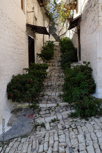 Narrow cobble stone street with traditional ottoman white stone houses in Old town Berat, Albania  © zatletic