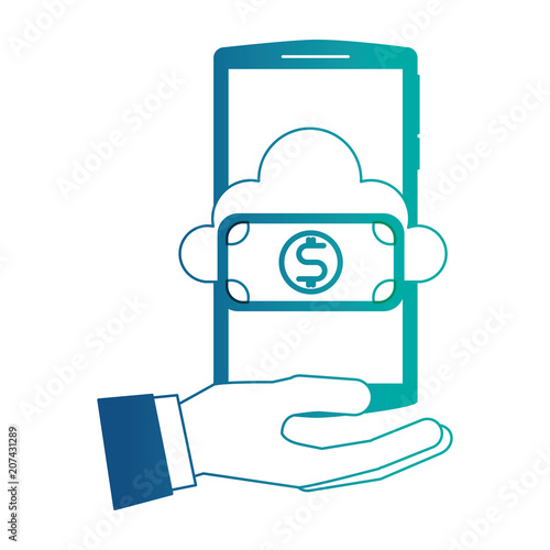 hand holding smartphone with cloud computing dollar banknote vector illustration