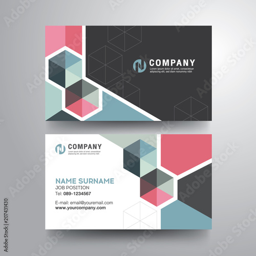 Modern business card with geometric hexagon blue pink color photo
