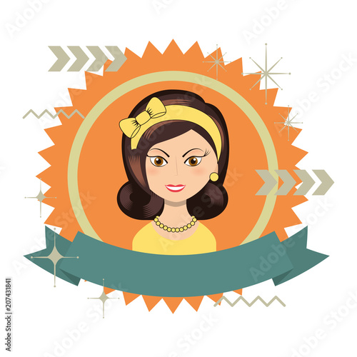 frame retro woman with ribbon character icon vector illustration design