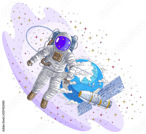 Astronaut flying in open space connected to space station and earth planet in background, spaceman in spacesuit floating in weightlessness and iss spacecraft. Vector isolated.