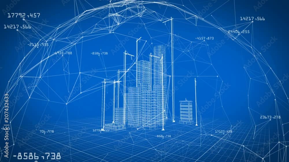 Beautiful 3d Blueprint of Contemporary Buildings with Cranes inside Network. Flying Over Growing City Project. Blue color 3d animation. Construction Business and Technology Concept. 4k UHD 3840x2160.
