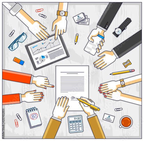 Business team make a presentation for investor and explains their plan with analytics, loaner or CEO chief signs financial document or order approve, deal conclusion. Top view of people hands. Vector.