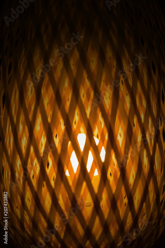 Close up texture of transparent light from woven bamboo lamp background