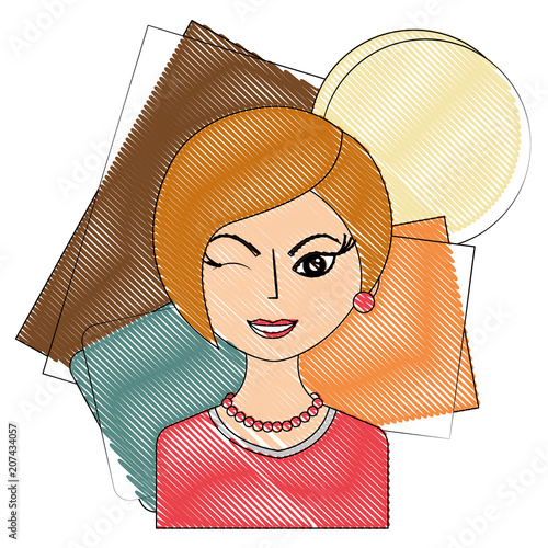 winking woman portrait character retro style vector illustration drawing