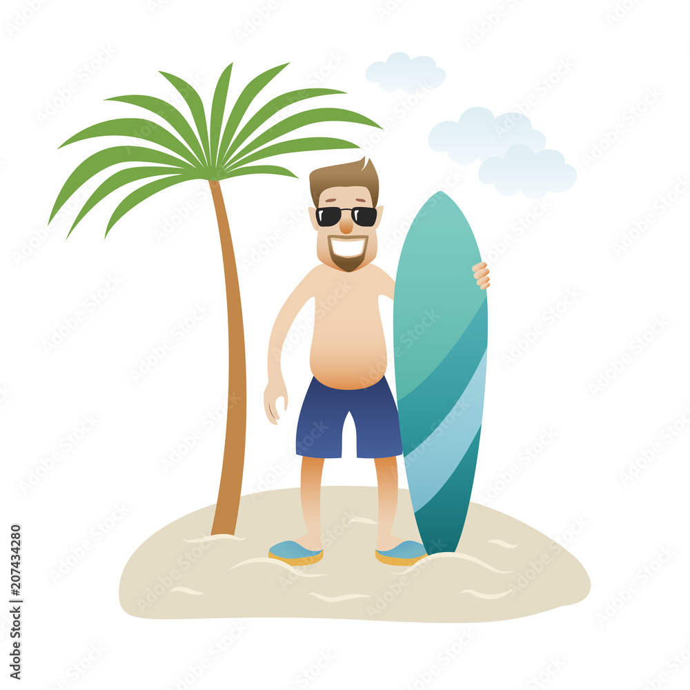Summer banner man on the beach is standing under palm