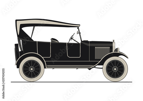 Sticker of vintage car. Side view. Flat vector.