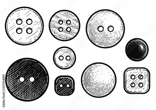 Buttons illustration, drawing, engraving, ink, line art, vector
