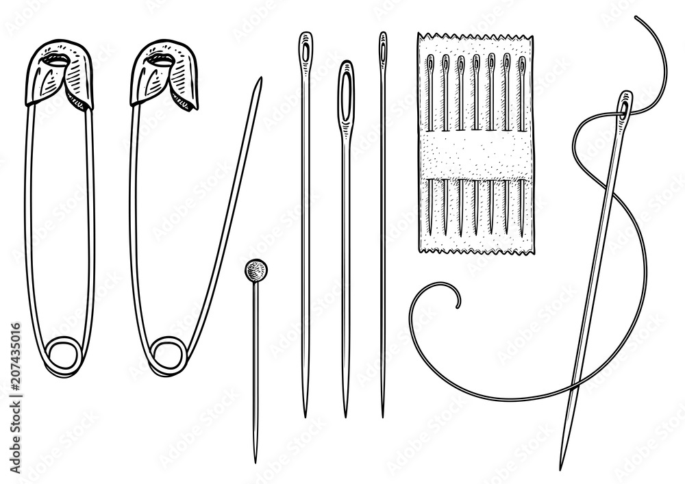 Safety pin and sewing needle illustration, drawing, engraving, ink, line art, vector
 - obrazy, fototapety, plakaty 