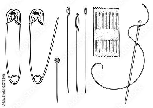 Safety pin and sewing needle illustration, drawing, engraving, ink, line art, vector
