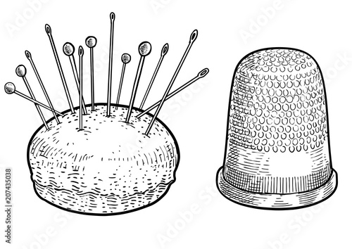 Pin cushion and thimble illustration, drawing, engraving, ink, line art, vector
