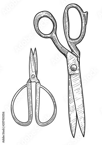 Scissors illustration, drawing, engraving, ink, line art, vector
