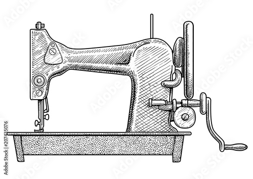 Sewing machine illustration, drawing, engraving, ink, line art, vector
