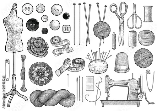 Sewing, knitting equipment collection illustration, drawing, engraving, ink, line art, vector
