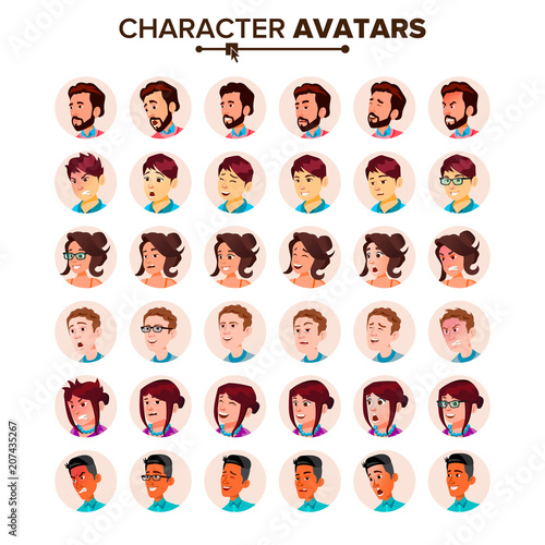 People Avatar Set Vector. Man, Woman. User Person. Trendy Image. Comic Face Art. Cheerful Worker. Round Portrait. Cute Employer. Flat Cartoon Character Illustration