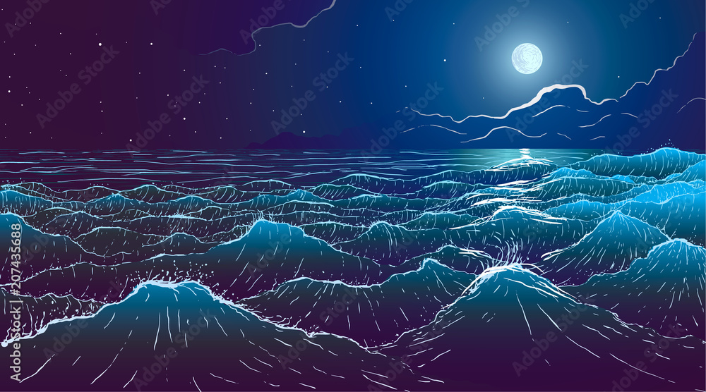 Fototapeta premium Vector large ocean waves and full moon at night