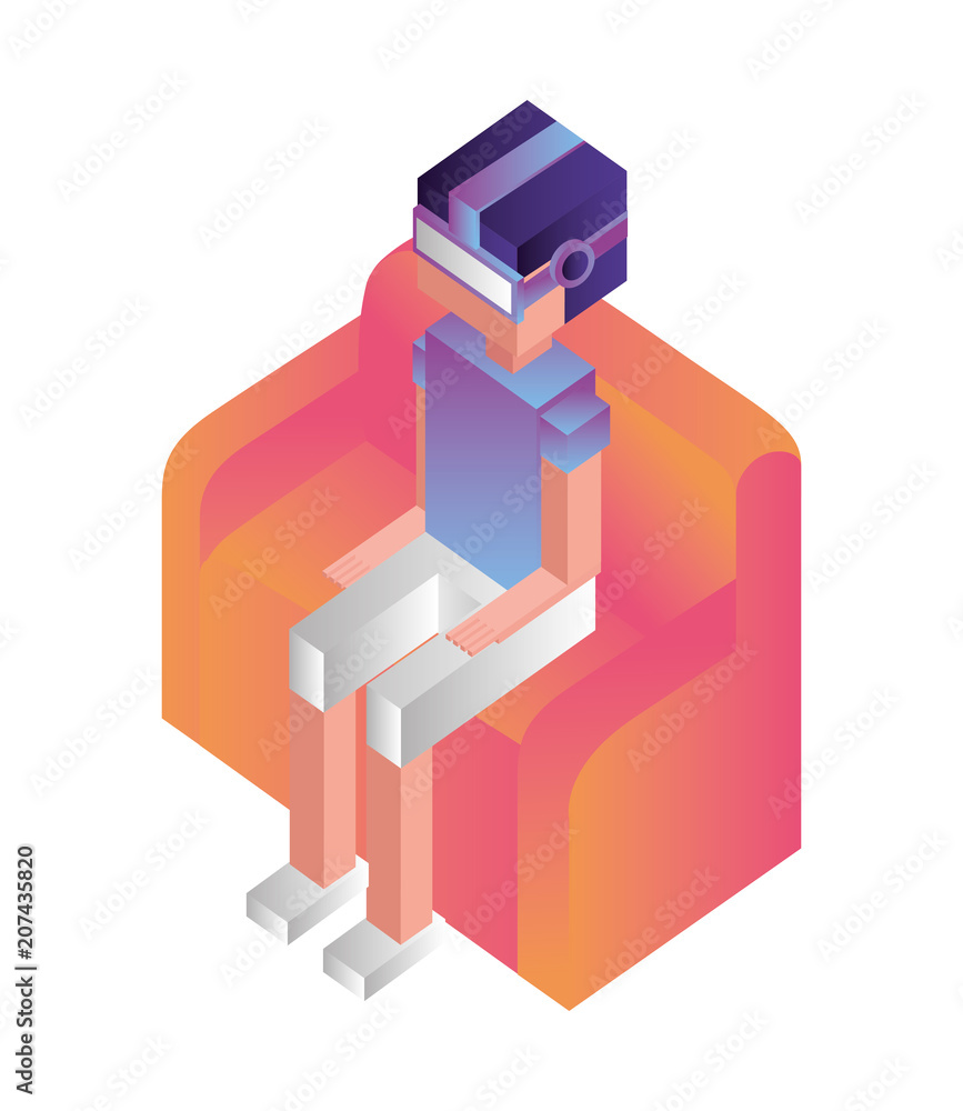 futuristic man sitting in sofa with reality virtual mask isometric vector illustration design futuristic man sitting in sofa with reality virtual mask isometric vector illustration design